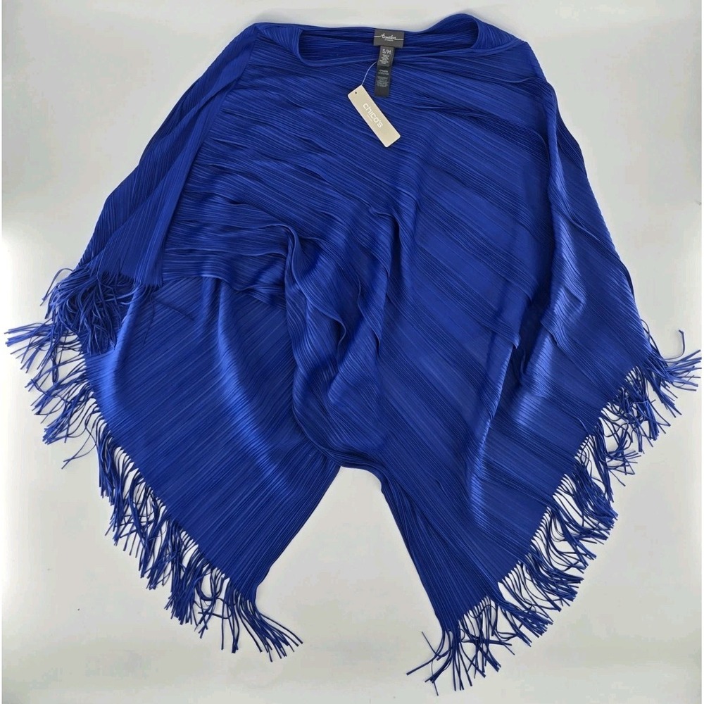 Chicos Travelers Top Womens S/M Blue Fringe Classic Poncho Stretch Boho Party